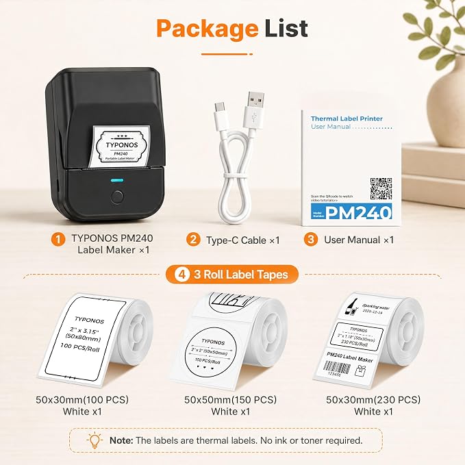 PM240 Label Maker Machine with 3 Tapes, Label Printer Black, Set 2 | 2'' Bluetooth Thermal Sticker Label Maker for Small Business, School Supplies, Classroom, Home Office with Multiple Templates