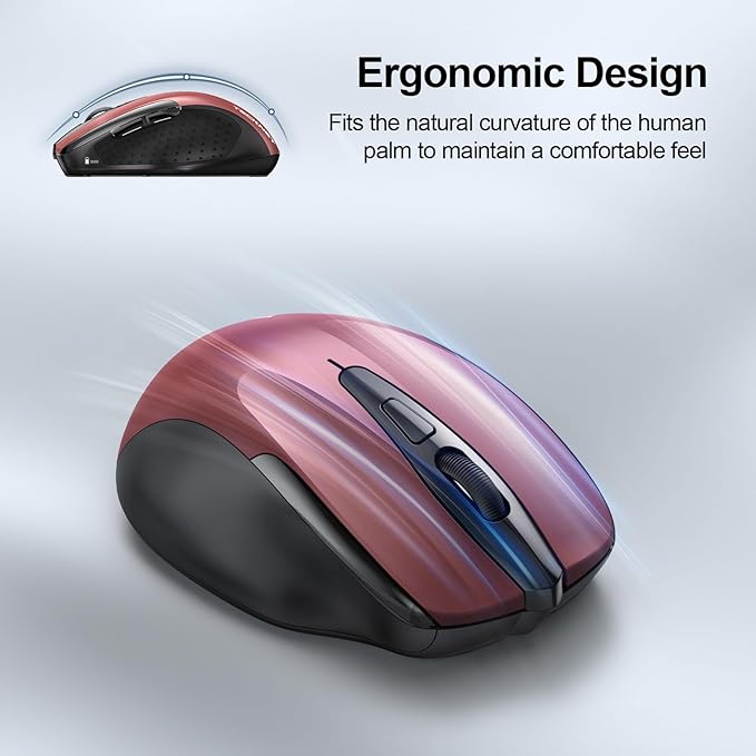 TECKNET Wireless Mouse, BT 5.0/2.4G, Silent 4800 DPI 6 Buttons, Red | Bluetooth 5.0/3.0 & USB A, 2-Device Easy Switch, Wide OS Compatible, 6-DPI, Ergonomic for S/M Hands, Extended Battery