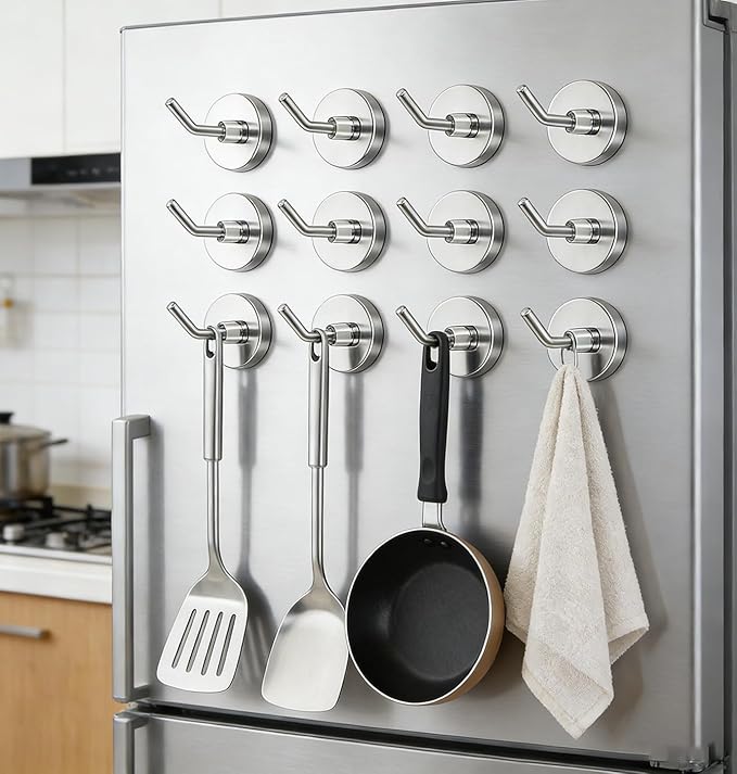 Strong Magnetic Hooks, 10 Pcs, 2.2 Inch Long, Silver, SS Magnet Hooks for Hanging Strong, Buttom - 0.79 Inch, Refrigerator, Kitchen, Whiteboard, Towel, Grill, Fridge, Garage