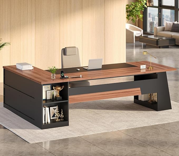78.7" L Shaped Executive Desk with Power Outlets, Extra Large Office Desk with Drawers & File Cabinet, Modern Corner Computer Desk with Storage Shelves, Business Furniture, Walnut & Black