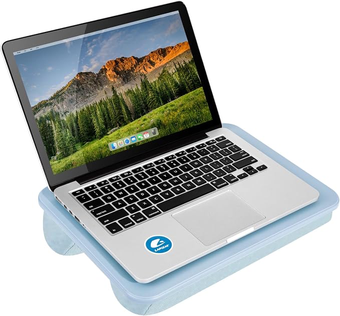 LAPGEAR Compact Lap Desk – Sky Blue, Fits 14" Laptops | Microbead Cushion, Built-In Pencil Slot, Carry Handle, Fits Standard Letter-Size Paper (8.5" × 11")