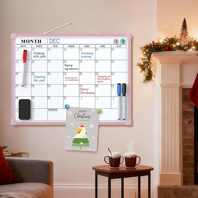 MaxGear Monthly Calendar Dry Erase Board for Wall, 16"x12", Pink Frame | Double-Sided, Hanging Small White Board, Portable Whiteboard for Planning, Drawing, Memo, to Do List, Home, Kitchen, Office