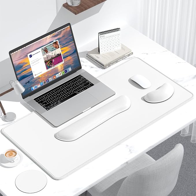 Dapesuom Keyboard Wrist Rest Mouse Pad Set, 4Pcs Extended Large XXL Gaming Mousepad + Mouse Wrist Cushion + Memory Foam Keyboard Wrist Support + Cup Coaster, White 31.5x15.7in Desk Pad for Home Office