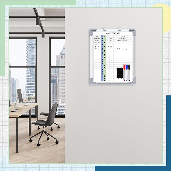 in and Out Magnetic Dry-Erase Board 16" x 12" Aluminum Framed White Board with Lines 21 Names with Magnetic Dry-Erase Marker, Eraser, and 20 Magnets Wall-Mounted for Office Employee
