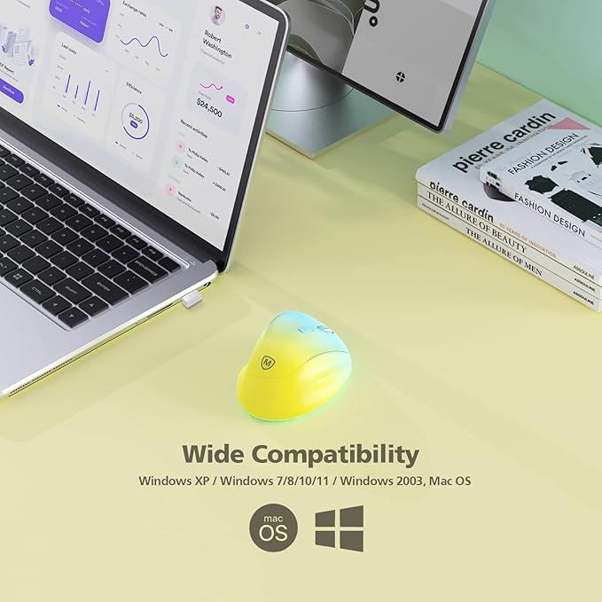 Ergonomic Wireless Mouse with USB Receiver for PC Computer, Laptop and Desktop, Ergo Mouse Vertical with Silent Clicks Long Battery Life, Up to 1600 DPI & 1 AA Battery Powered, YellowBlue