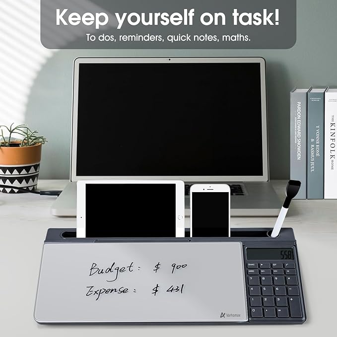 Varhomax Glass Desk Whiteboard with Calculator | Desktop Dry Erase White Board with Storage, To Do List Memo Notepad for Home and Office