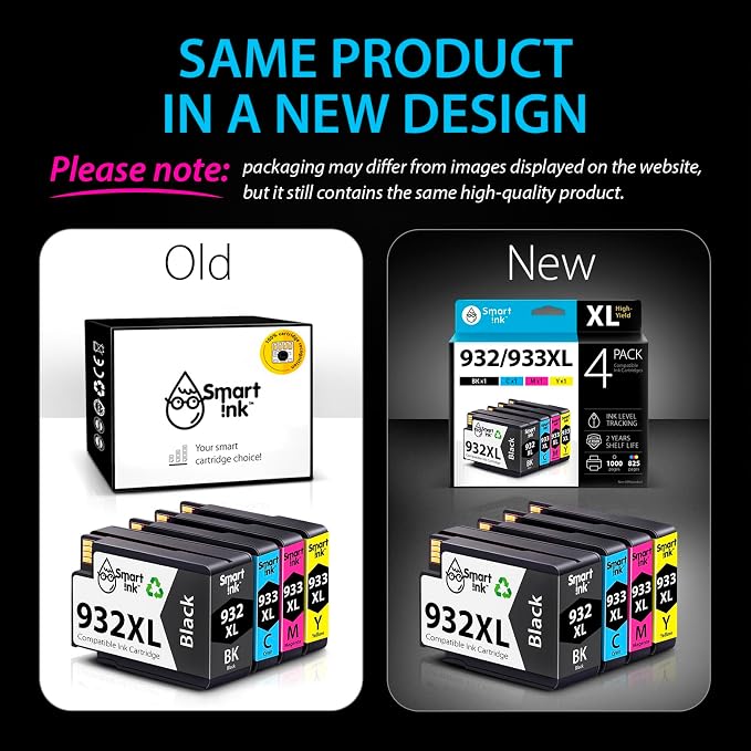 Smart Ink Compatible Ink Cartridge Replacement for HP 932XL 933XL 932XL 933 XL 4 Combo Pack (XL Black, Cyan, Magenta Yellow) to use with HP Officejet 6100 6600 6700 7110 7510 7610 7612 7620 Printers