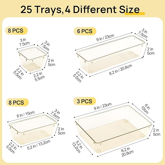 Vtopmart 25 Pack Plastic Drawer Organizers with Non-slip Rubber Pads | 4-Size Versatile Makeup Organizer, Storage Containers Small Bins for Makeup, Jewelries, Bedroom, Kitchen Utensils and Office