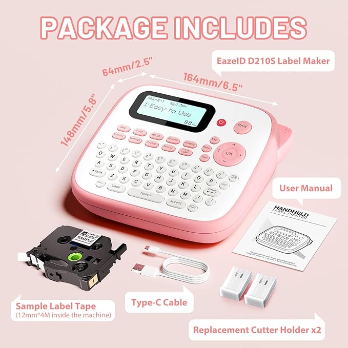 D210S Pink Label Maker Machine with-Tape, Portable Kids Label Maker | Handheld Electric Label Maker with keyboard, Easy Labeler with Multiple Fonts Frame Barcode for Home Office School Supplies