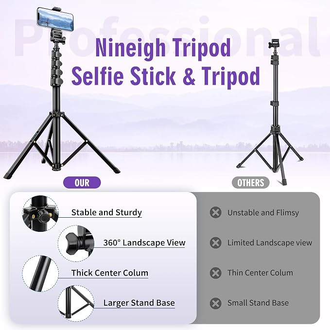 80" Phone Tripod, Selfie Stick, Aluminum Cellphone Tripod Stand | for Video Photo Vlog, Travel Tripods with Gooseneck Remote Phone Holder, Compatible with iPhone Android Smartphone