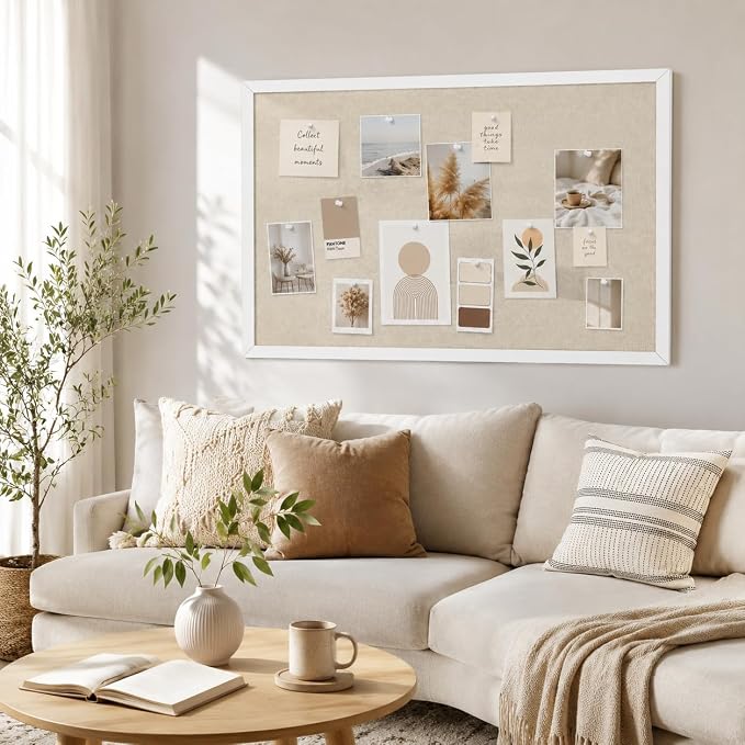 20"x30" White Framed Natural Wood Tone Bulletin Board, Pin Board | Linen corkboard texture. Premium cork boards for walls and pin board office organizer.