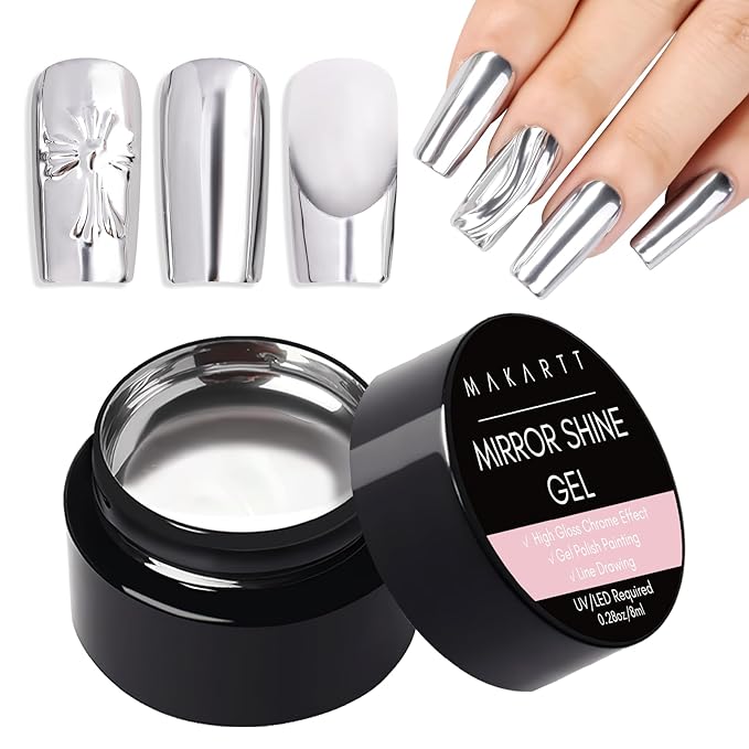 Makartt Mirror Shine Gel 8ml, Silver Metallic Chrome Painting Gel Nail Polish for Nail Art, 3D Line Art & French Tips, Soak Off UV/LED Cure, High Gloss Mirror Effect