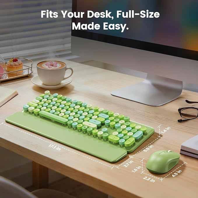 Wireless Keyboard and Mouse Combo with Magnetic Wrist Rest, Round Keycaps, Full-Size Retro Typewriter-Style, Two-Stage Tilt Legs, Auto-Sleep, 2.4G Wireless for Windows Mac Laptop PC, Green Colorful