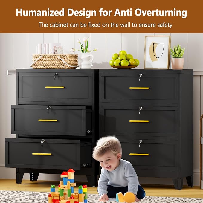 3 Drawer Metal File Cabinet with Lock,Lateral Filing Storage Cabinets,Steel Wide File Organization for Legal/Letter/A4/F4 Size with Hanging Files&Key,Lockable Printer Stand for Home Office, Black