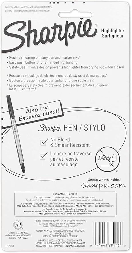SHARPIE 1740822 Accent Retractable Highlighter, Chisel Tip, Fluorescent Yellow, 5-Count