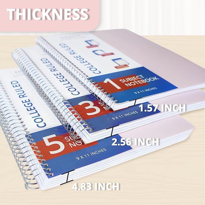 ONAVIA 1 Subject Spiral Notebook College Ruled 6 Pack, 200 Pages, Assorted | 100 Sheets, 9 x 11 in, Waterproof Plastic Cover, Durable, 3-Hole Punched, Divider, Double-Sided Pocket, Study