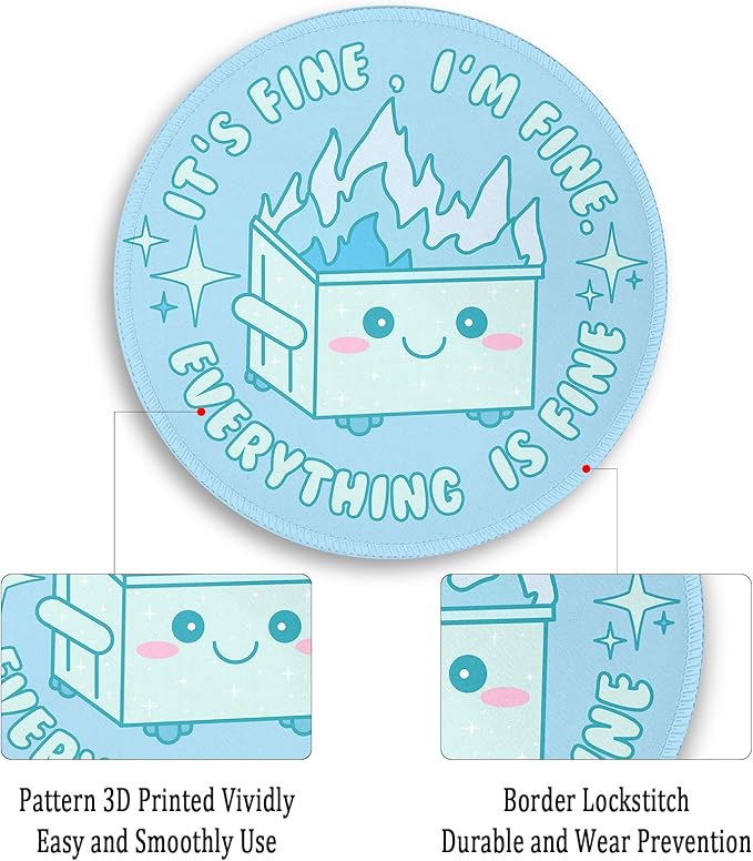 Gctriki Dumpster on Fire Mouse Pad, Cute Blue Round Mouse Pads for Desk | Funny Small Mousepad for Laptop Travel Gaming, Stitched Edge, Non-Slip Rubber Base, Cute Office Work Desk Accessories Decor