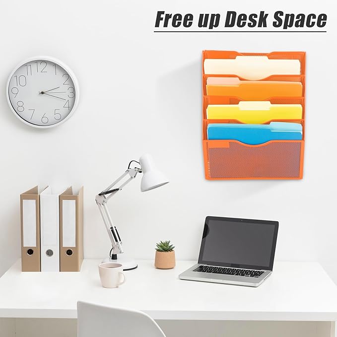 5 Pocket Mesh Hanging Wall File Organizer, Wall Mounted Mail Paper Document Folder Holder, Clipboard Storage Organization Magazine Rack with Nametag Label for Office Home School, Orange