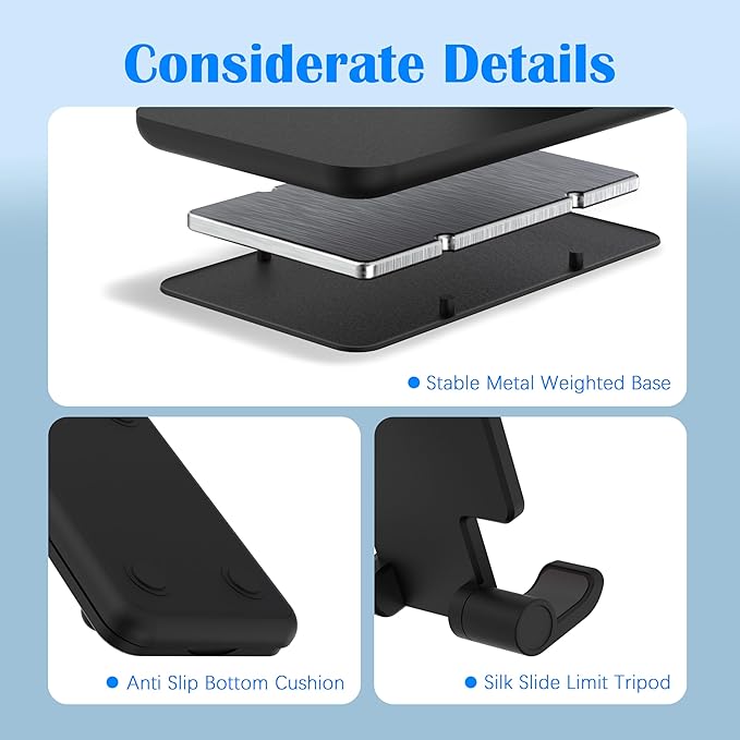 Cell Phone Stand, Adjustable Angle and Height Cell Phone Holder for Desk, Foldable and Portable, Anti-Slip Silicone Pad, Compatible with All Mobile Phones and 4-8 Inch Devices (Black&White)