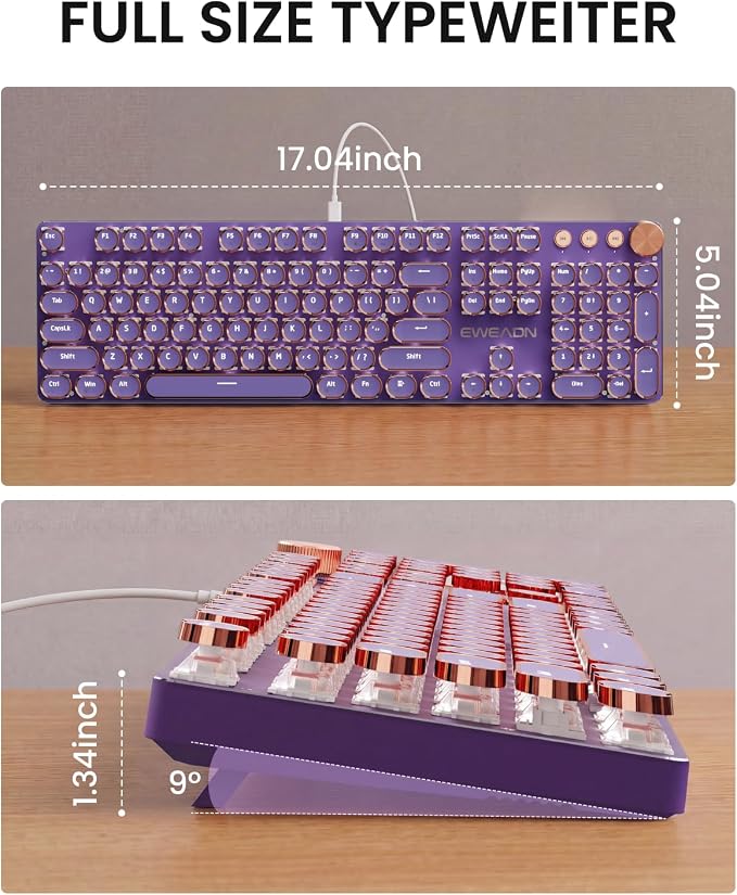 EWEADN Wired Typewriter Mechanical Keyboard, Low Noise Pink Switch Retro Punk Keyboard with Media Knob, White Backlit, Metal Panel, 104-Key Round Keycaps Cute Keyboard for Windows PC -Purple