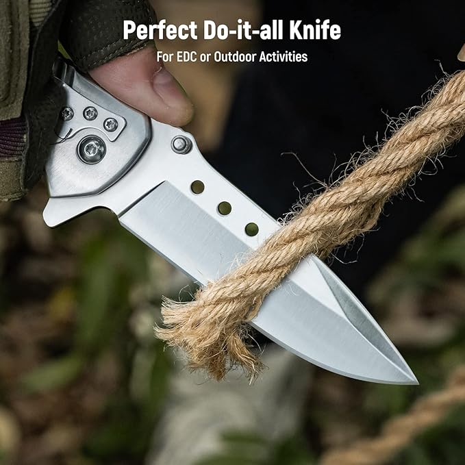 Pocket Knife for Men - Sharp Blade Wood Handle Pocket Folding Knives with Clip, Glass Breaker - EDC Knives for Survival Camping Hunting Fishing Hiking Women, Large, Silver
