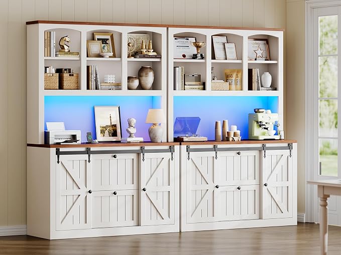SEDETA 2 Drawer File Cabinet with Power Strip, 41” Farmhouse Filing Cabinet fits Legal, Letter, A4 Size Files for Home Office, Printer Stand with Storage Shelf, Bar Door and LED Lights, White