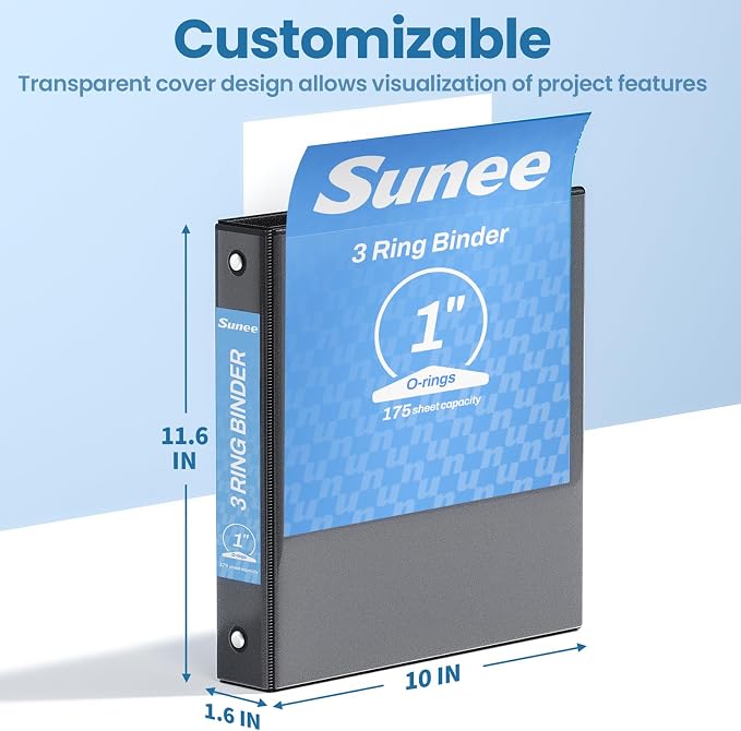 SUNEE 3 Ring Binder 1 Inch 1 Pack, Clear View Binder Three Ring PVC-Free (Fit 8.5x11 Inches) for School or Office Supplies, Black