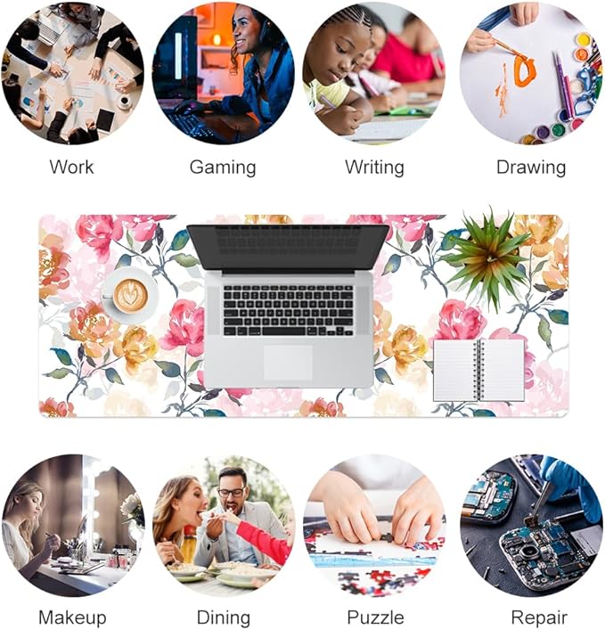 QiyI PU Leather Large Mouse Pad, Office Desk Mat, 31.5" x 11.8", Peonies | Desk Décor Accessories, Extended Size, Waterproof & Easy to Clean, Smooth Surface, Non Slip Desk Organization