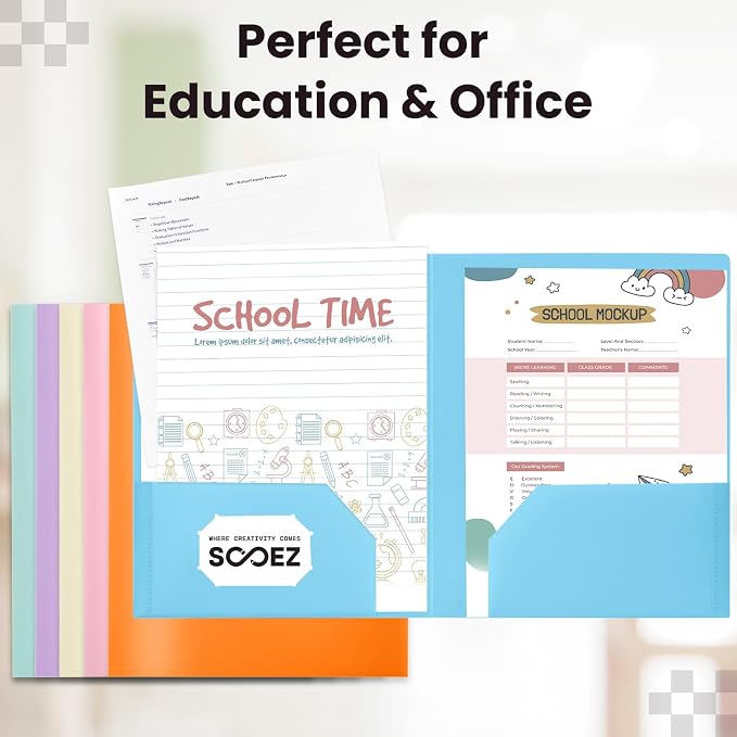 Sooez 6Pack Folders with Pockets, Plastic Pocket Folders with Extra Labels | Folders with Pockets, 2 Pocket Folders Bulk, Heavy Duty File Folders, School Folders Business Folder Office Filing Supplies