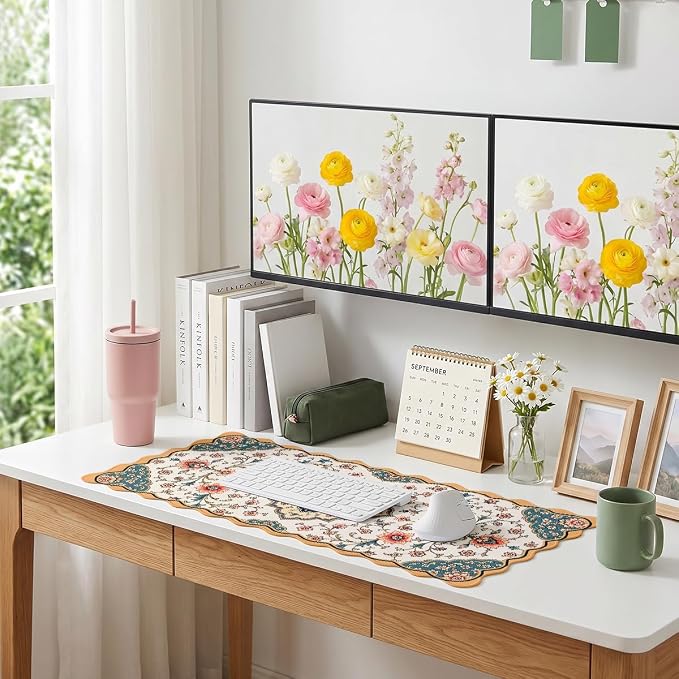 French Country Scalloped Desk Mat Vintage Coral Teal Floral Scroll Mousepad XL Large Gaming Mouse Pad Laptop Keyboard Mat Desk Pad Office Home Decor for Women Girl 31.5"x15.7"