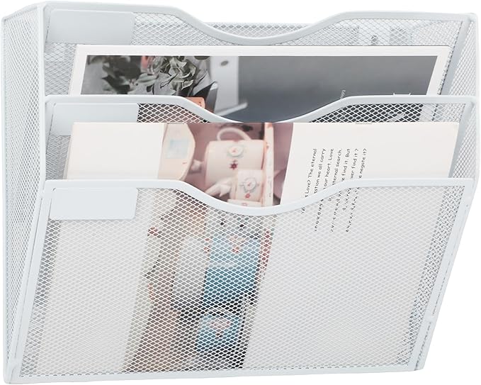 3 Pocket Mesh Hanging Wall File Organizer, Wall Mounted Mail Paper Document Folder Holder, Clipboard Storage Organization Magazine Rack with Nametag Label for Office Home School, White