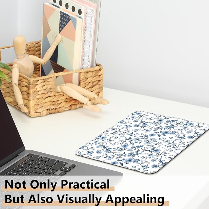 Blue Chinoiserie Floral Mouse Pad, Blue and White Flower Cottagecore Square Mousepad Mouse Mat with Anti-Slip Rubber Base for Computer Laptop Home Office Desk, 9.5x7.9 in