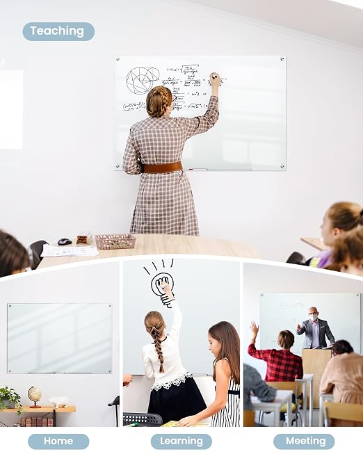 VUSIGN Glass Whiteboard 36" x 24" Magnetic Dry Erase for Office, School, Home, Frameless Mounting, Includes 4 Magnets, 2 Markers and 1 Erasers