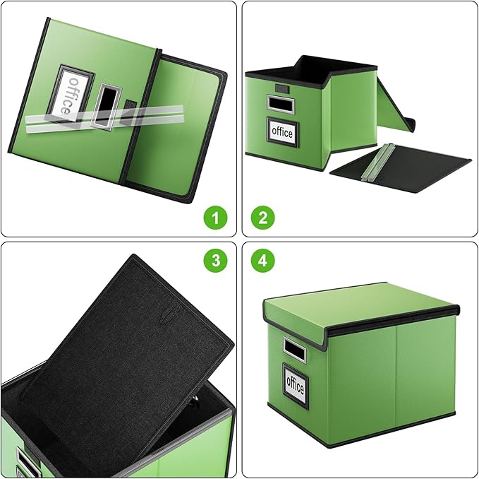 File Organizer Box with Lids, Collapsible File Folder Organizer | File Box with Plastic Slides for Document, Filing Bin for Letter Size Hanging File Folders (2 Pack, Green, Leather)