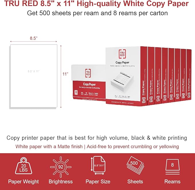 TRU RED by Staples Copy/Printer Paper, 8.5x11, 20lb,92 Bright,4,000 Sh/Ct | White letter-size multipurpose paper for office, school & home. 8 reams per carton.