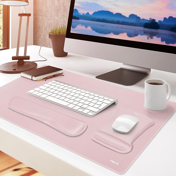 MOSISO Keyboard Mouse Pad Set, Large Gaming Mousepad&Keyboard Wrist Rest | Mouse Wrist Rest&Coaster, Ergonomic Non-Slip Mousepad&Easy Typing Cushion with Memory Foam for Home Office, Pink