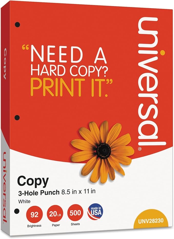Universal 28230 Copy Paper, 92 Brightness, 20lb, 8-1/2 x 11, 3-Hole Punch, White (Case of 5000 Sheets)