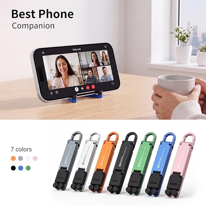 Portable Foldable Pocket Phone Stand with Keychain for Desk Travel(Blue) | Mini aluminum, adjustable kickstand, lightweight metal, slim compact for office, plane