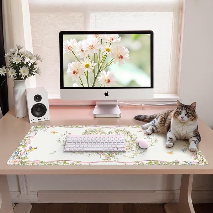 iCasso Desk Matt for Desktop,Cute Desk Pad,White | Anti-Slip Large Gaming Mousepad,Soft Lycra Surface Computer Mat Women, Girly Keyboard Pad for Home Office
