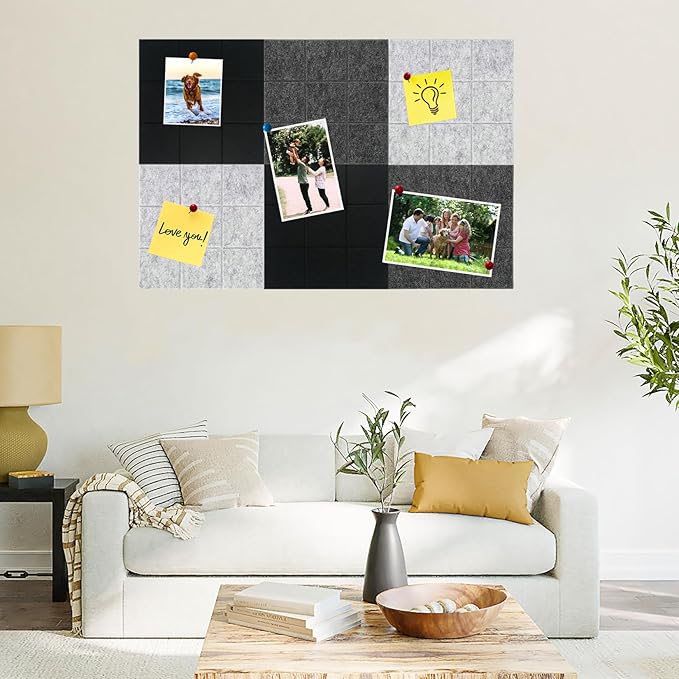 Large Square Felt Cork Board Tiles, Self Adhesive DIY Felt Bulletin Board with 35 Pushpins for Office School Home Wall Decor Stickers Memos (Black & Grey)