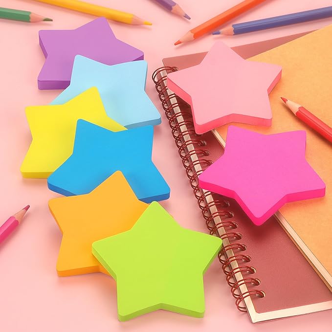SIMONA Star Shape Sticky Notes 3x3 Inch, 8 Bright Colors, 600 Sheets | Cute Design Self-Sticky Note Pads, 8 Multiple Colors Sticky Notes for Office, School, Family