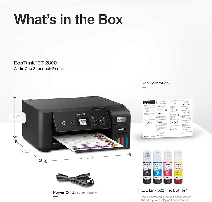 Epson EcoTank ET-2800 Wireless Color All-in-One Cartridge-Free Supertank with Scan and Copy, The Ideal Basic Home Printer - Black