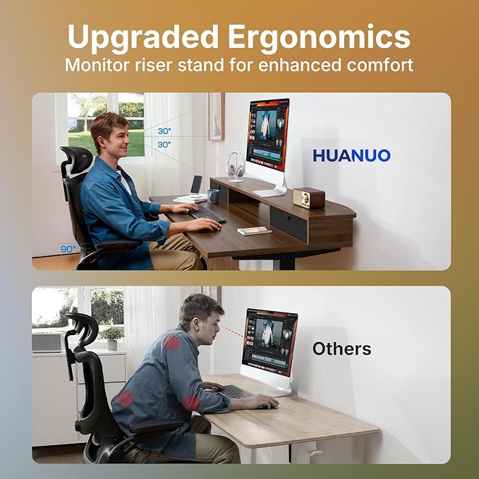 HUANUO 48 x 24 inch Small Electric Standing Desk with 2 Drawers, C-Clamp Mount Compatible, Height Adjustable Sit Stand Desk, Home Office Stand Up Desk with 4 Memory Height Settings, Walnut