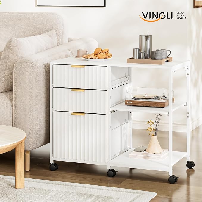 VINGLI 3 Drawer Mobile File Cabinet Printer Stand, Fluted Filing Cabinet with Open Storage Shelves Adjustable, Rolling Lateral Fabric Filing Cabinet for Home Office, Fits Letter Size, White