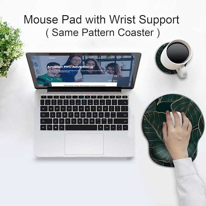 Ergonomic Mouse Pad with Wrist Support Rest,Large Mousepad Gel Wrist Rest, with Coaster Non-Slip & Pain Relief for Computer, Desk, Home&Office-Leaves 2