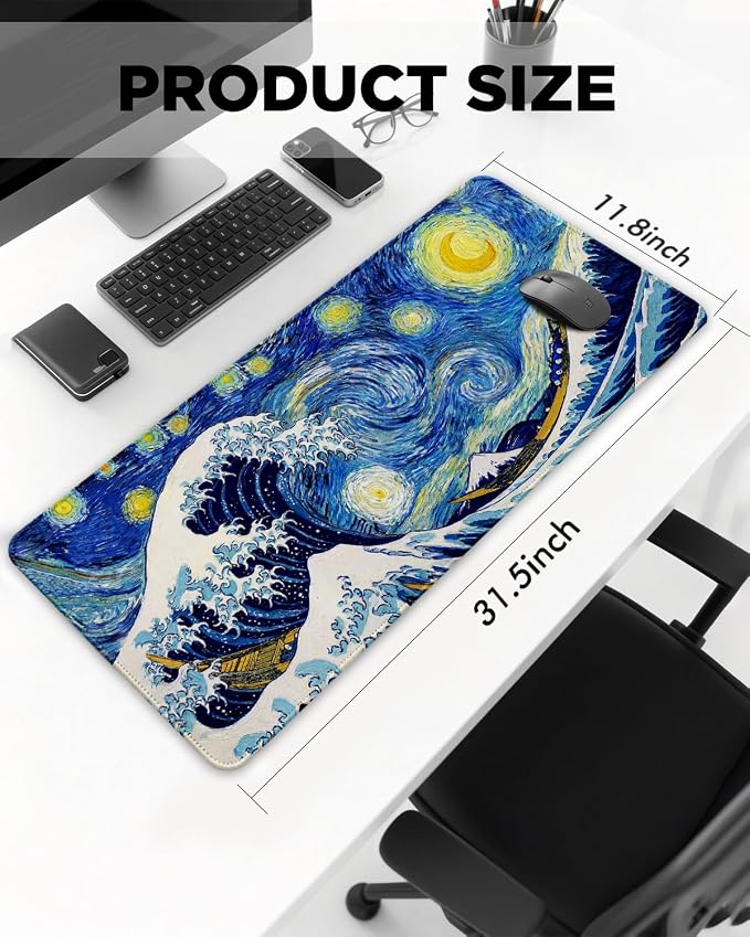 Mouse Pad, Desk Mat, 31.5x11.8in Large Mousepad, Starry Waves | Desk Pad with Stitched Edge & Rubber Non-Slip Bottom, Gaming Mouse Pad, Extended Mousepad for Home, Office