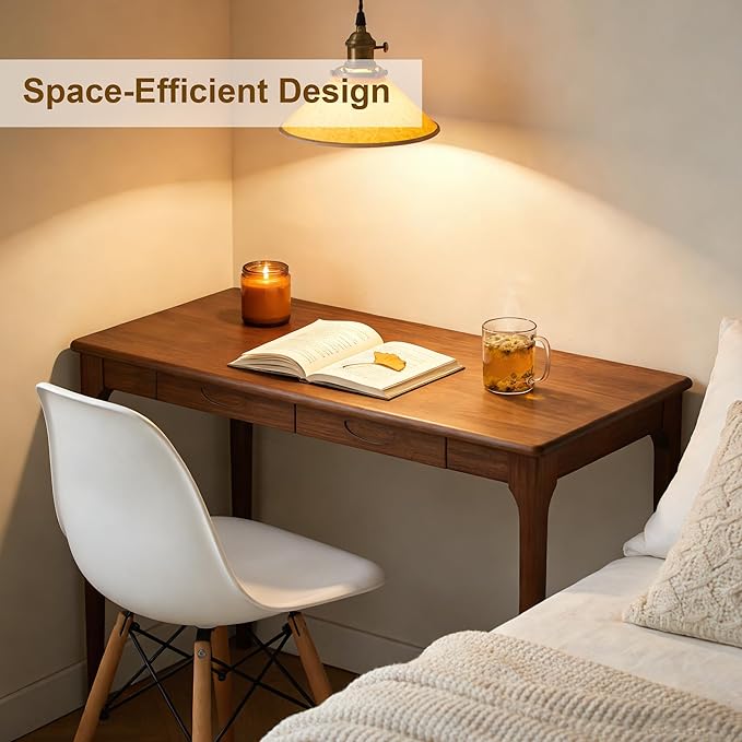 40" Solid Wood Desk with Drawers, Small Home Office Writing Wooden Desk, Gaming & Computer Desk for Bedroom, Work Study Table for Small Space(Walnut,40Inch)