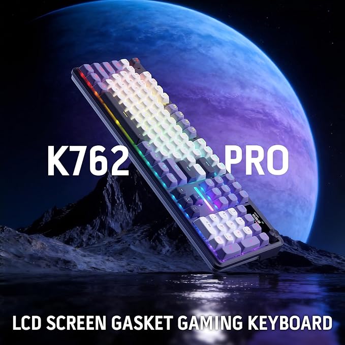 Redragon K762 PRO Wireless 104-Key Gasket Gaming Keyboard, Screen & Knob | Easy-Control LED Info Display, 0-Delay Tri-Mode, Cushioned 5-Layer Noise Dampening for Creamy Thocky Sound, Full-Size 104-Key