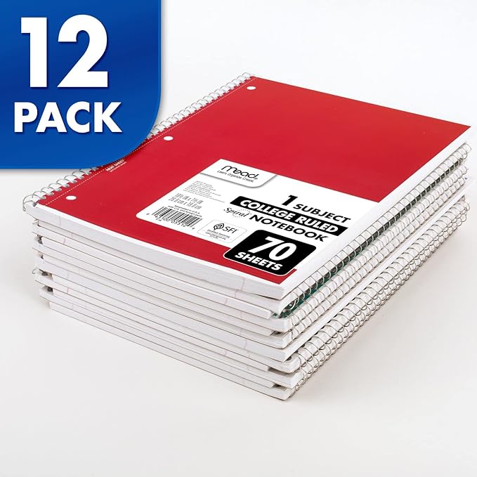 Mead Spiral Notebook, 12 Pack, 1 Subject, College Ruled Paper, 7-1/2" x 10-1/2", 70 Sheets per Notebook, Colors Will Vary (830063-ECM25)