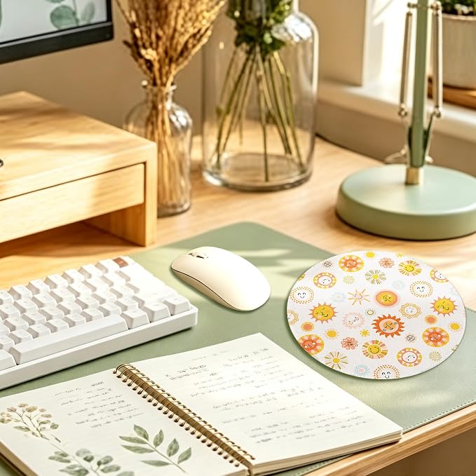 Boho Smiley Sun Sunshine Round Mouse Pad 7.9x7.9in | Boho Office Decor,Yellow Cute Sun Mousepad Mouse Mat for Computer Laptop Home Office Dorm Desk Accessories